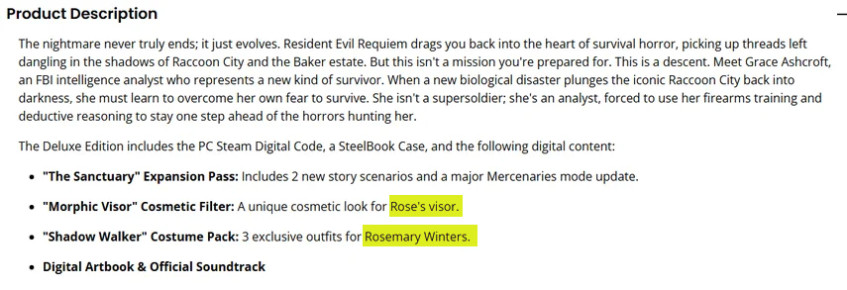 Судя по описанию Deluxe-издания RE9, в ней появится Роза Уинтерс и получит три костюма и фильтр для своего визора.